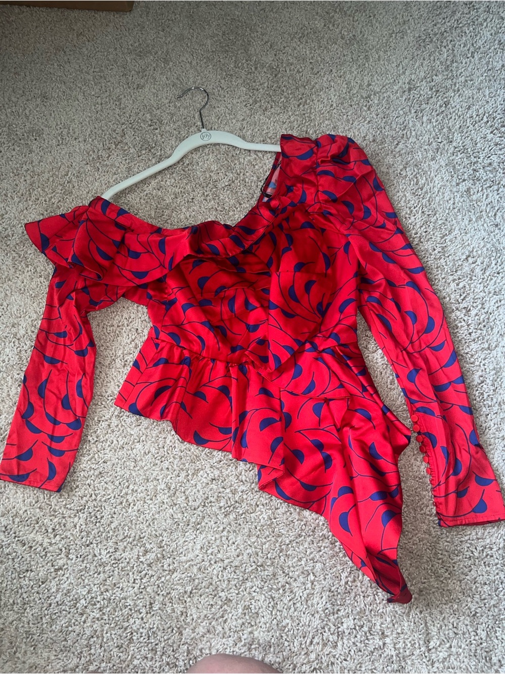 Self-Portrait Red and Navy One-Shoulder Ruffle Blouse